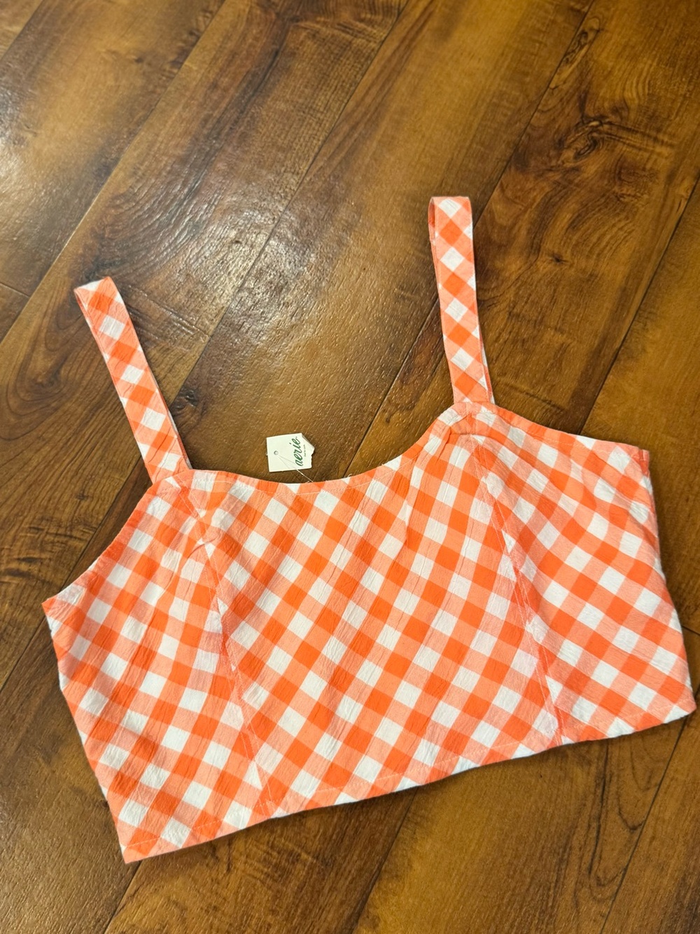 Women’s Aerie Orange & White Gingham Crop Bustier Smocked Back Tank Top Med NWT